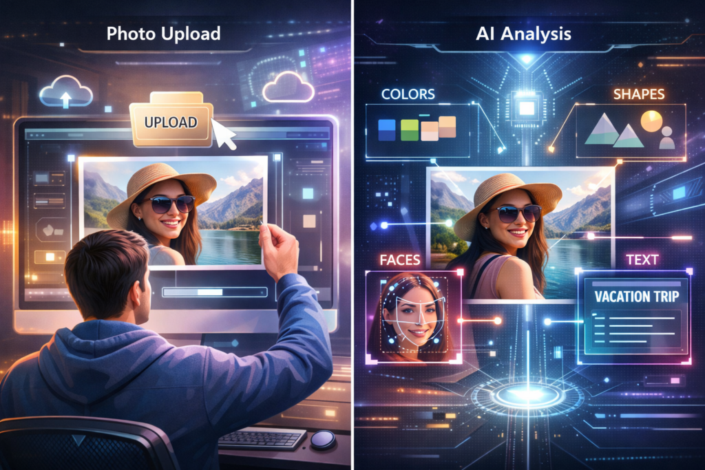 Side-by-side illustration of a person uploading a photo and an AI analyzing colors, shapes, faces, and text.