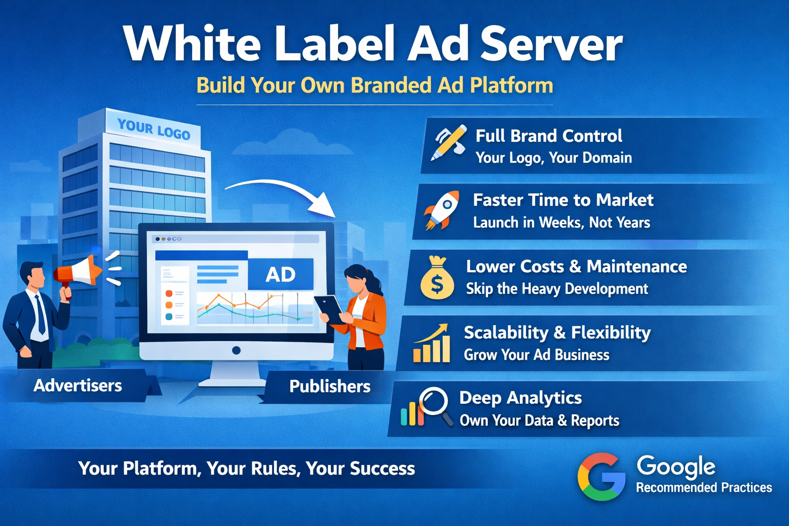 White label ad server infographic showing branded ad platform benefits like full brand control, faster launch, scalability, lower costs, and deep analytics for advertisers and publishers.